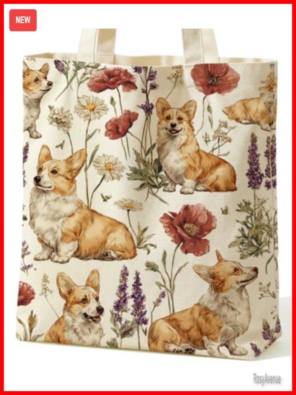 Dog Floral Canvas Tote Bag Large Shoulder Bag Dog Lover Gift